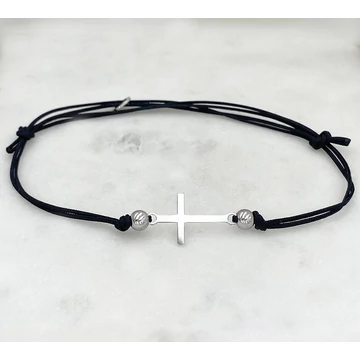 Ezüst kereszt és fekete zsinór karkötő