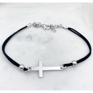 Ezüst kereszt és fekete zsinór karkötő