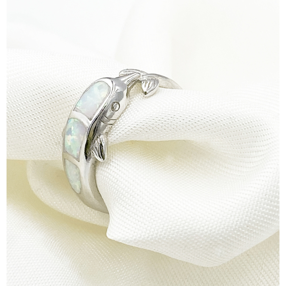 Delfin ezüst és fehér opál gyűrű