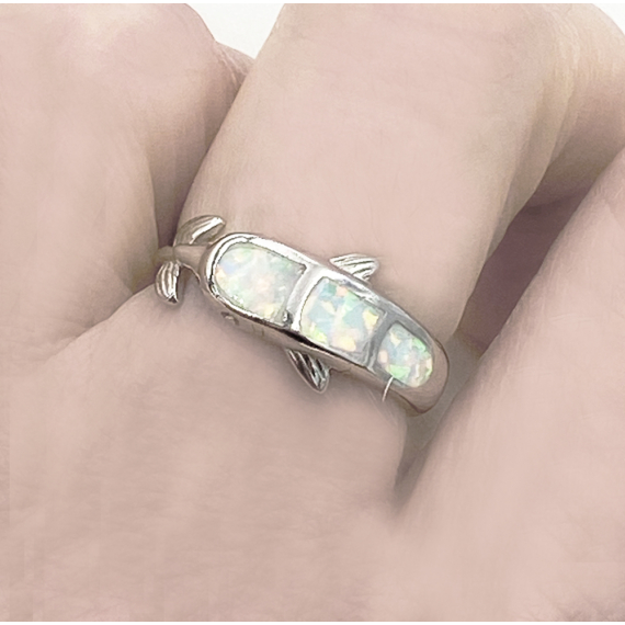 Delfin ezüst és fehér opál gyűrű